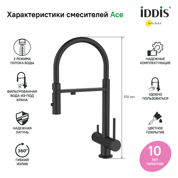 IDDIS Ace Смеситель д/кухни с фильтром и гибким изливом. Черный матовый ACEBLFFI05
